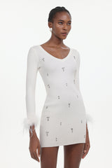 Moua Elegant Contour Long Sleeve Rhinestone Feather Knit White Mini Dress