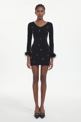 Moua Elegant Contour Long Sleeve Rhinestone Feather Knit Black Mini Dress