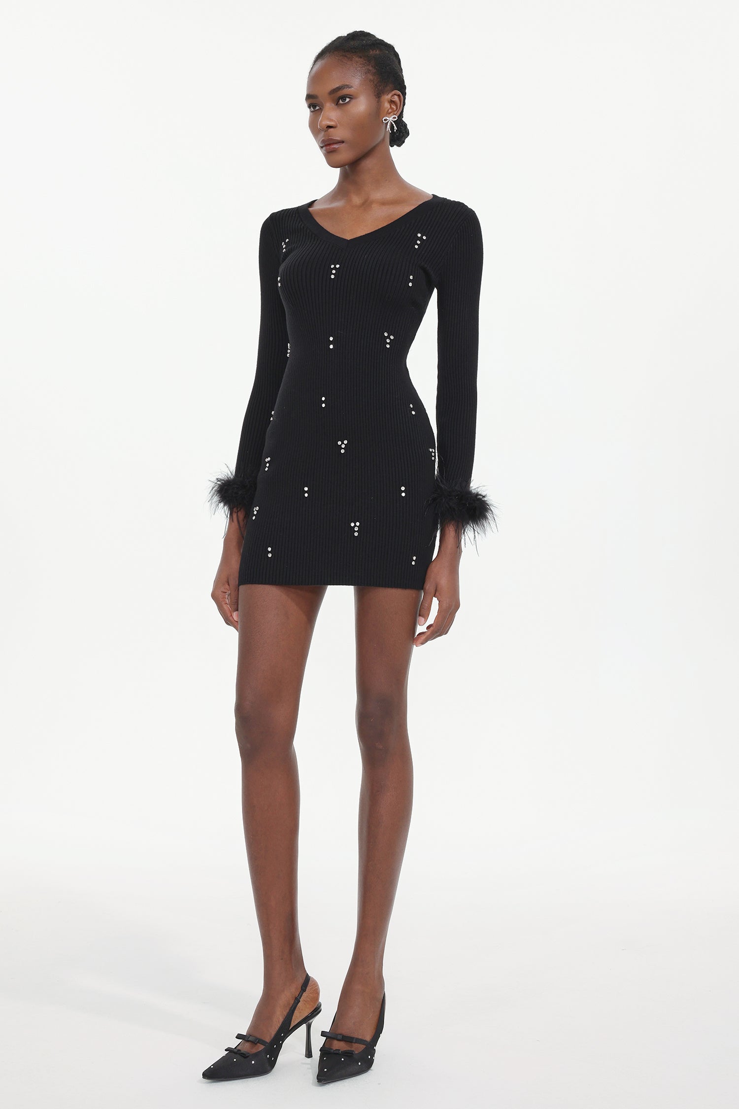 Moua Elegant Contour Long Sleeve Rhinestone Feather Knit Black Mini Dress