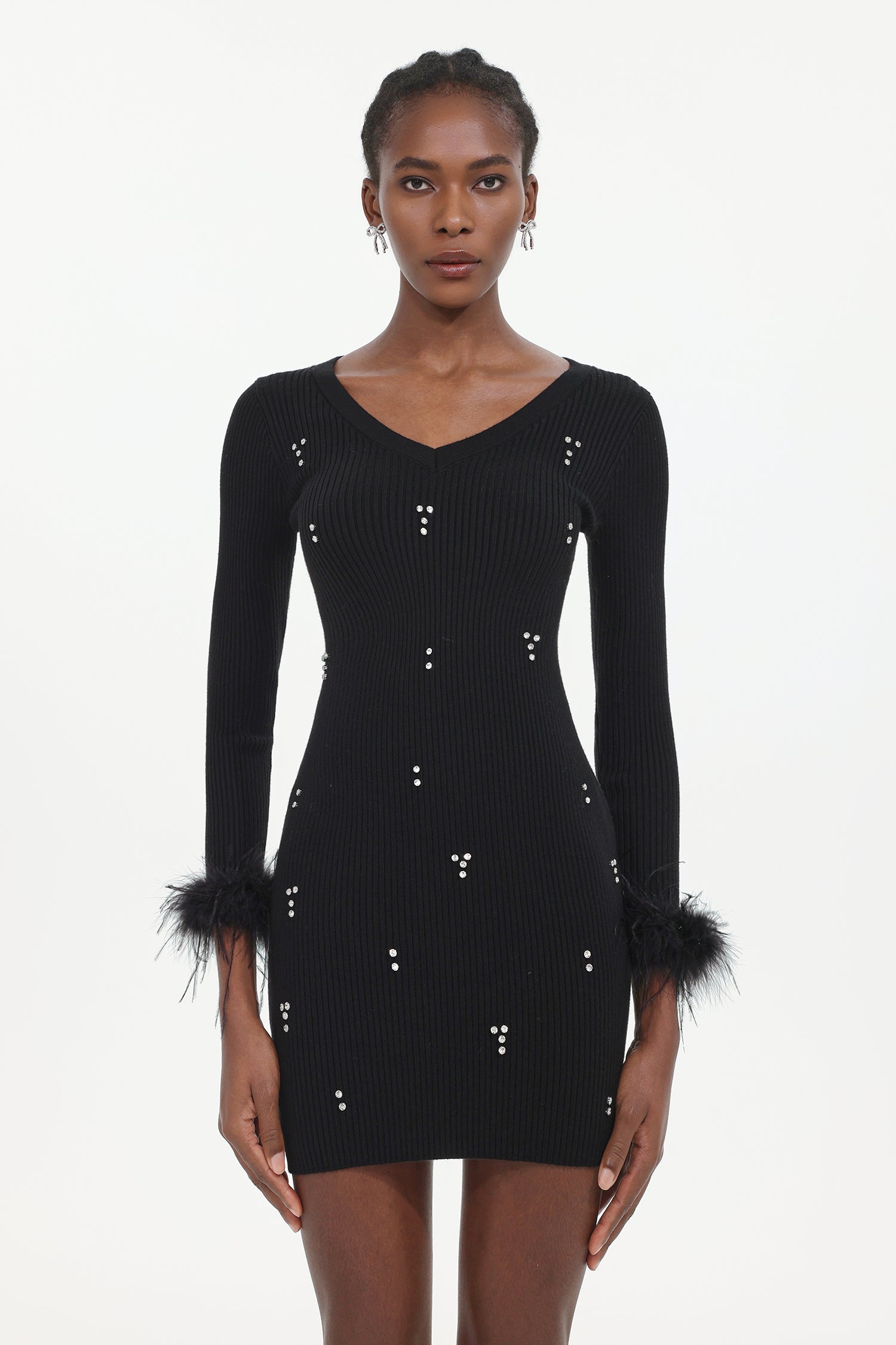 Moua Elegant Contour Long Sleeve Rhinestone Feather Knit Black Mini Dress