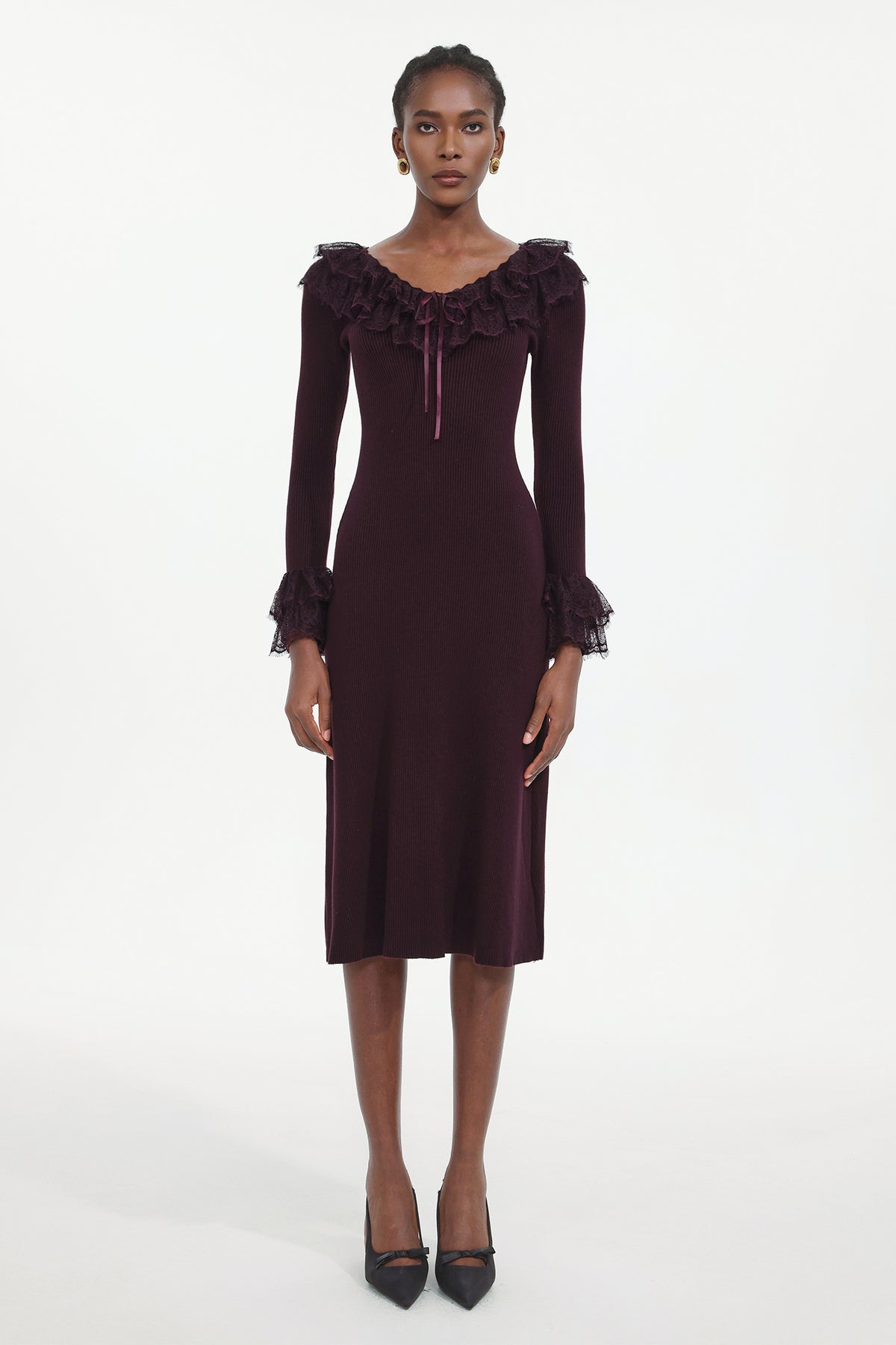 Darja Romantic Flowy Long Sleeve Lace Knit Midi Dress