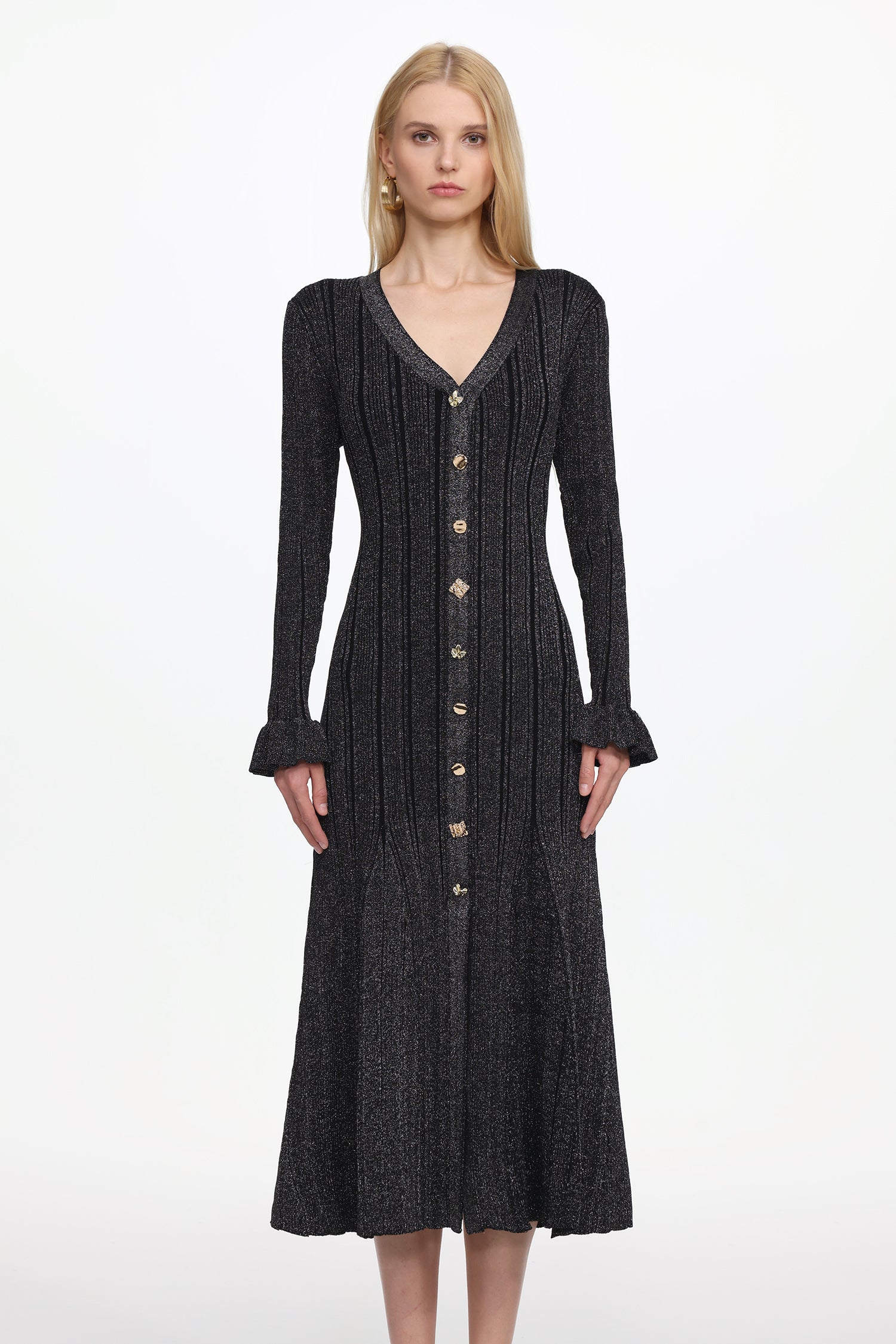 Verga Classic Contour Long Sleeve Button Front Knit Maxi Dress