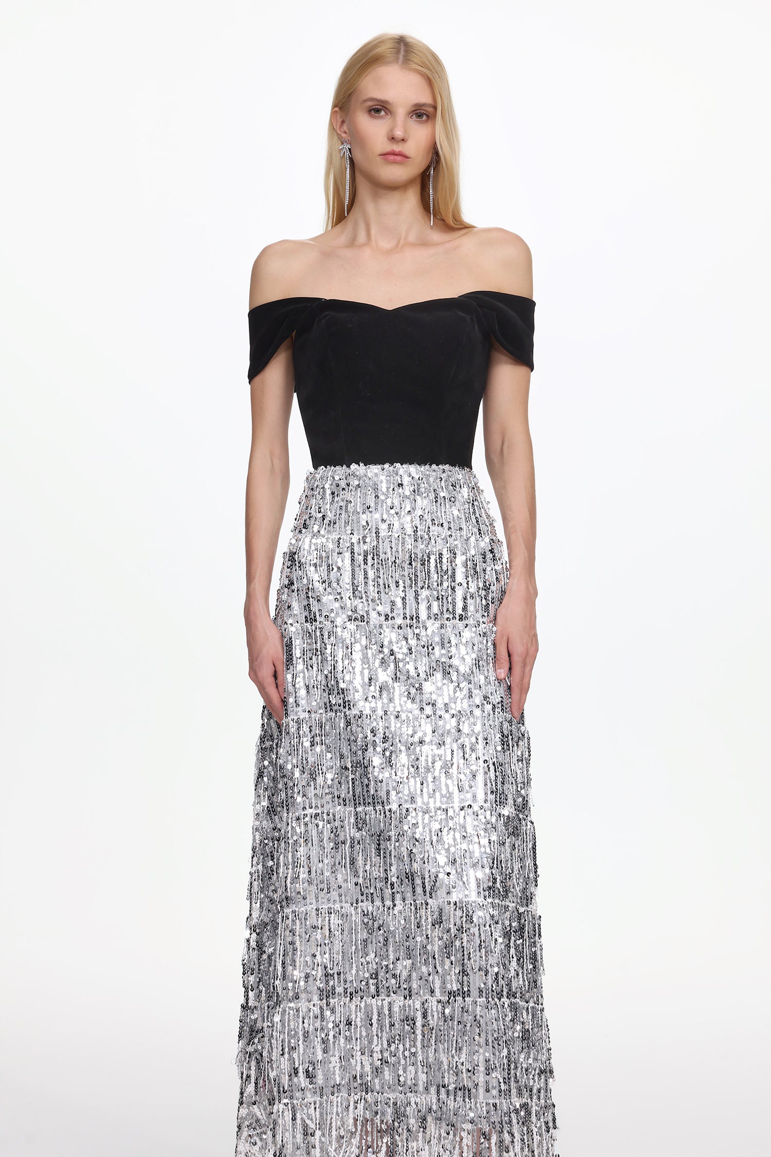 Merrit Glamorous Contour Off Shoulder Fringe Velvet Maxi Dress
