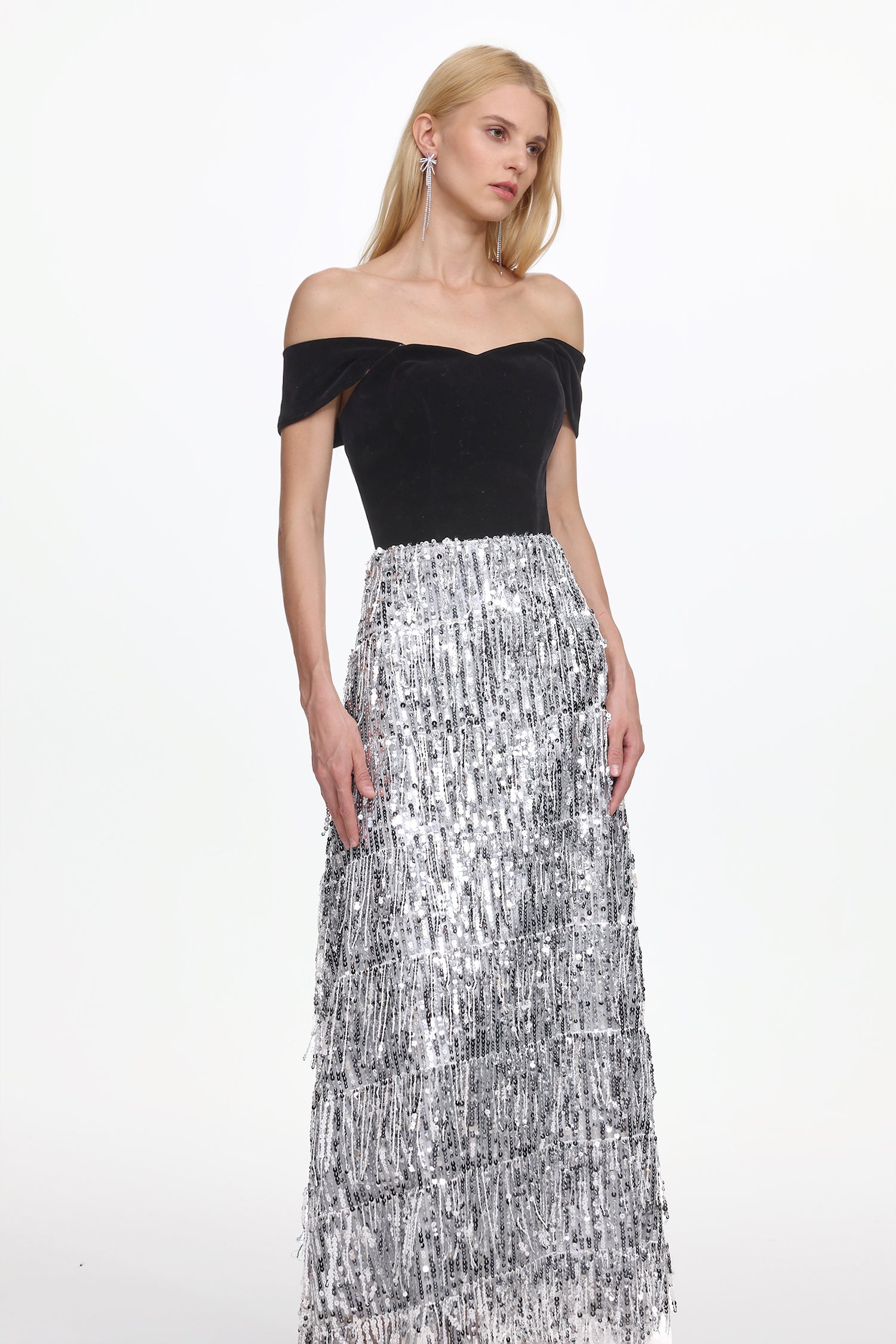 Merrit Glamorous Contour Off Shoulder Fringe Velvet Maxi Dress