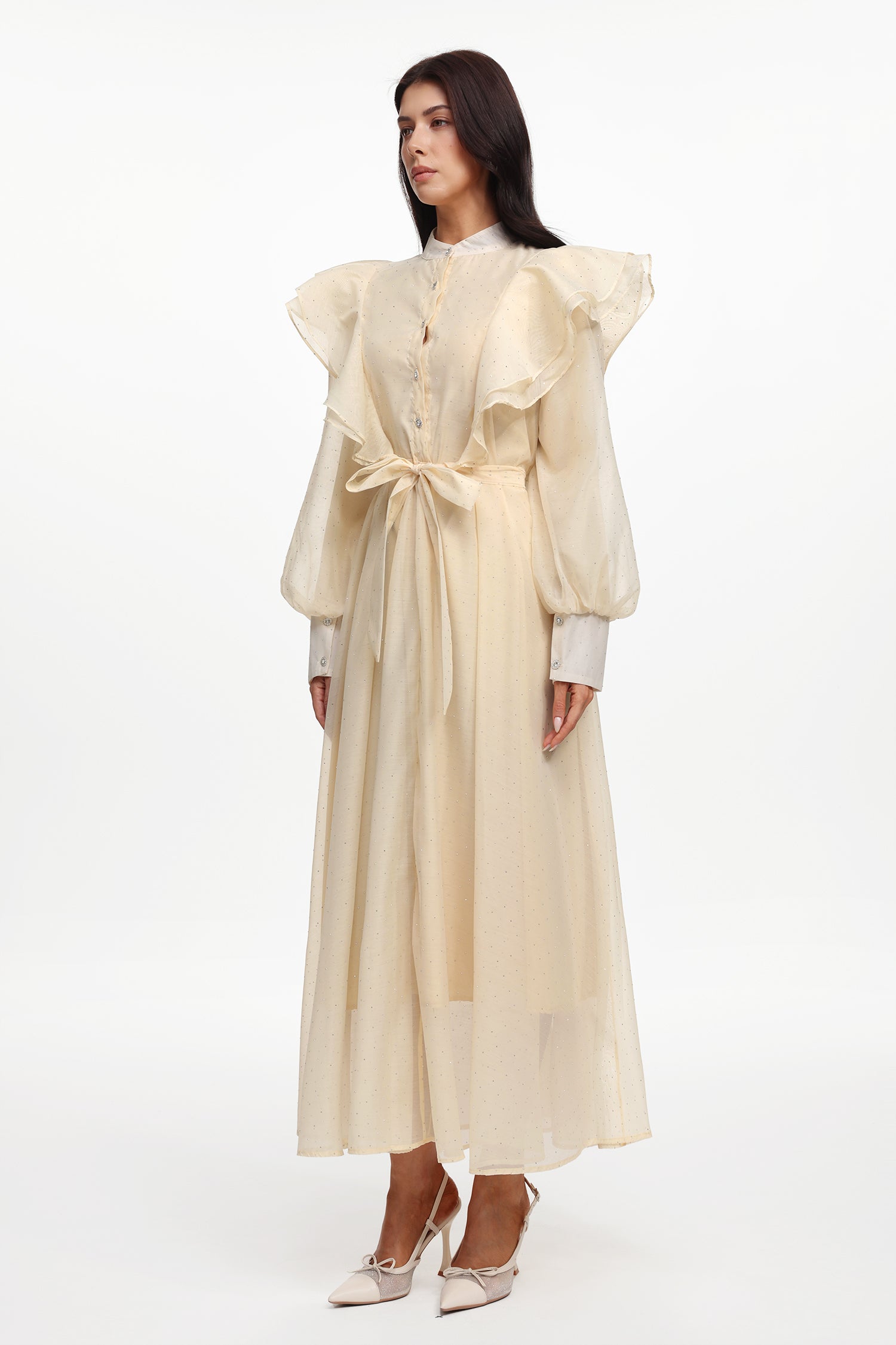 Nomi Resort Flowy Long Sleeve Ruffle Rhinestone Woven Maxi Dress