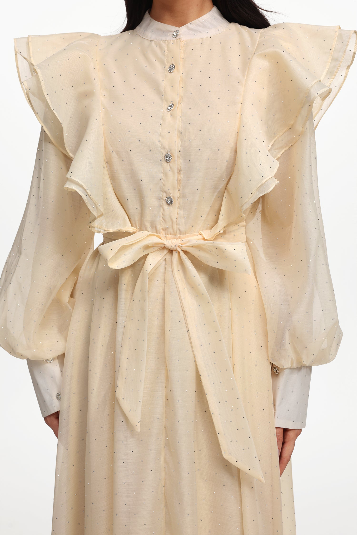 Nomi Resort Flowy Long Sleeve Ruffle Rhinestone Woven Maxi Dress