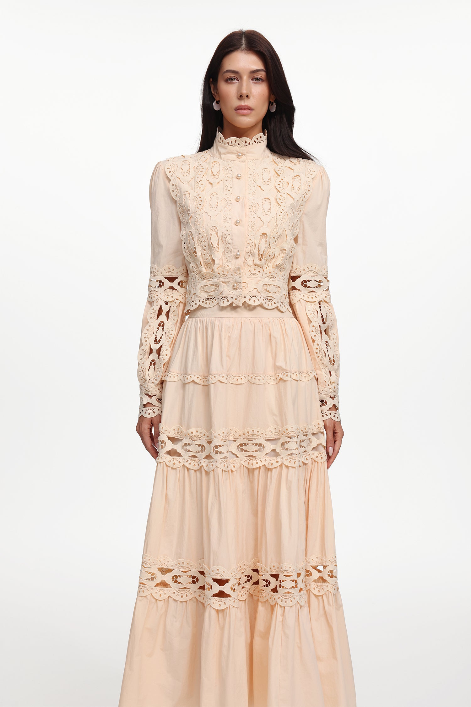 Monica Resort Flowy Long Sleeve Cut Out Woven Top And Skirt Two-Piece Set