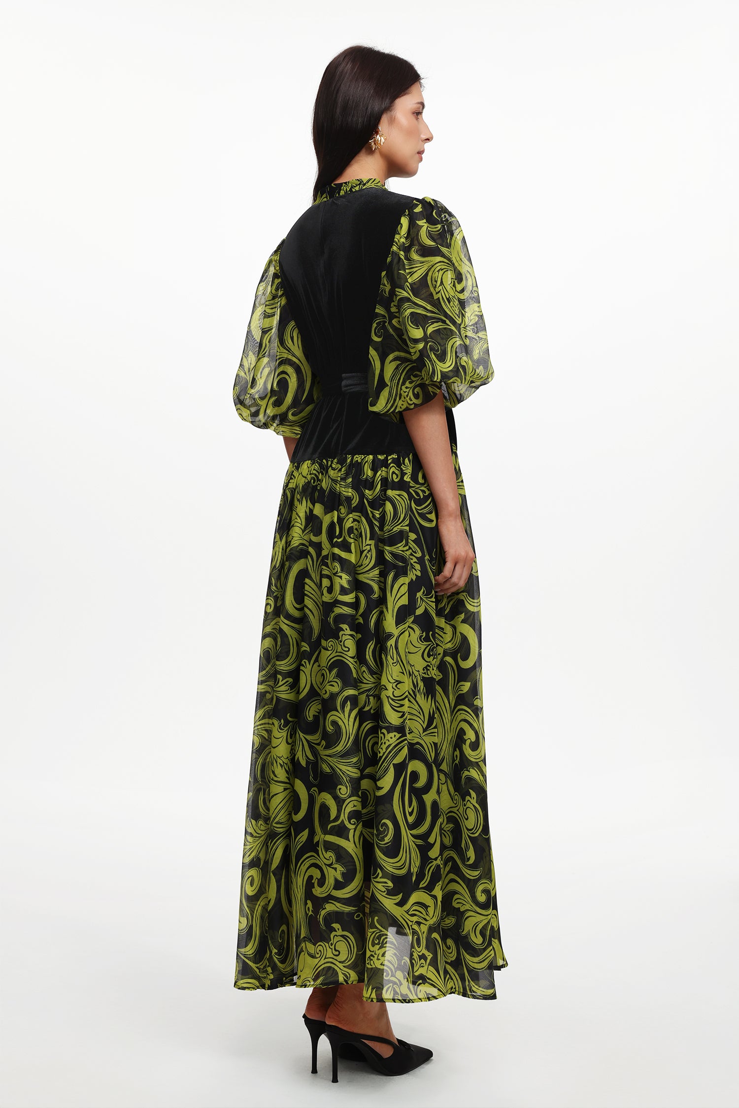 Secyij Resort Flowy Puff Sleeve Printed Woven Maxi Dress