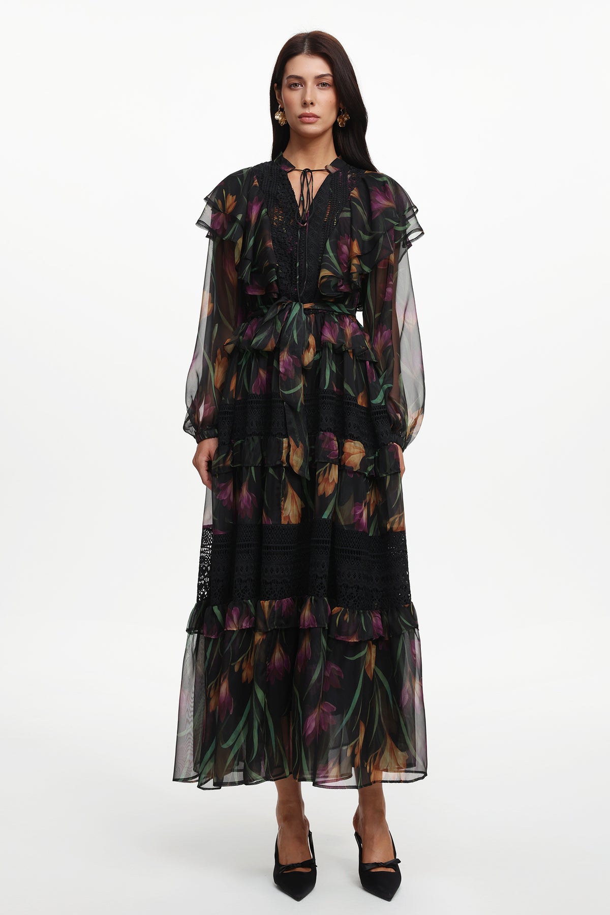 Gilian Resort Flowy Long Sleeve Floral Printed Ruffle Woven Maxi Dress