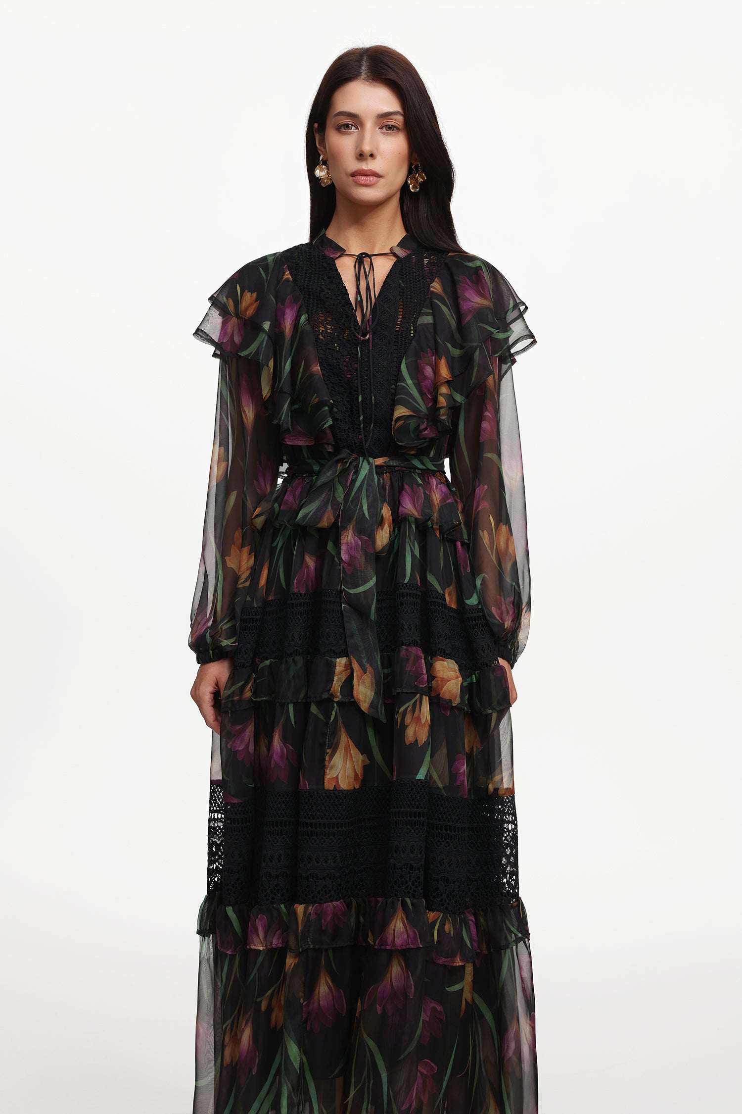 Gilian Resort Flowy Long Sleeve Floral Printed Ruffle Woven Maxi Dress