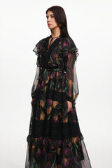 Gilian Resort Flowy Long Sleeve Floral Printed Ruffle Woven Maxi Dress