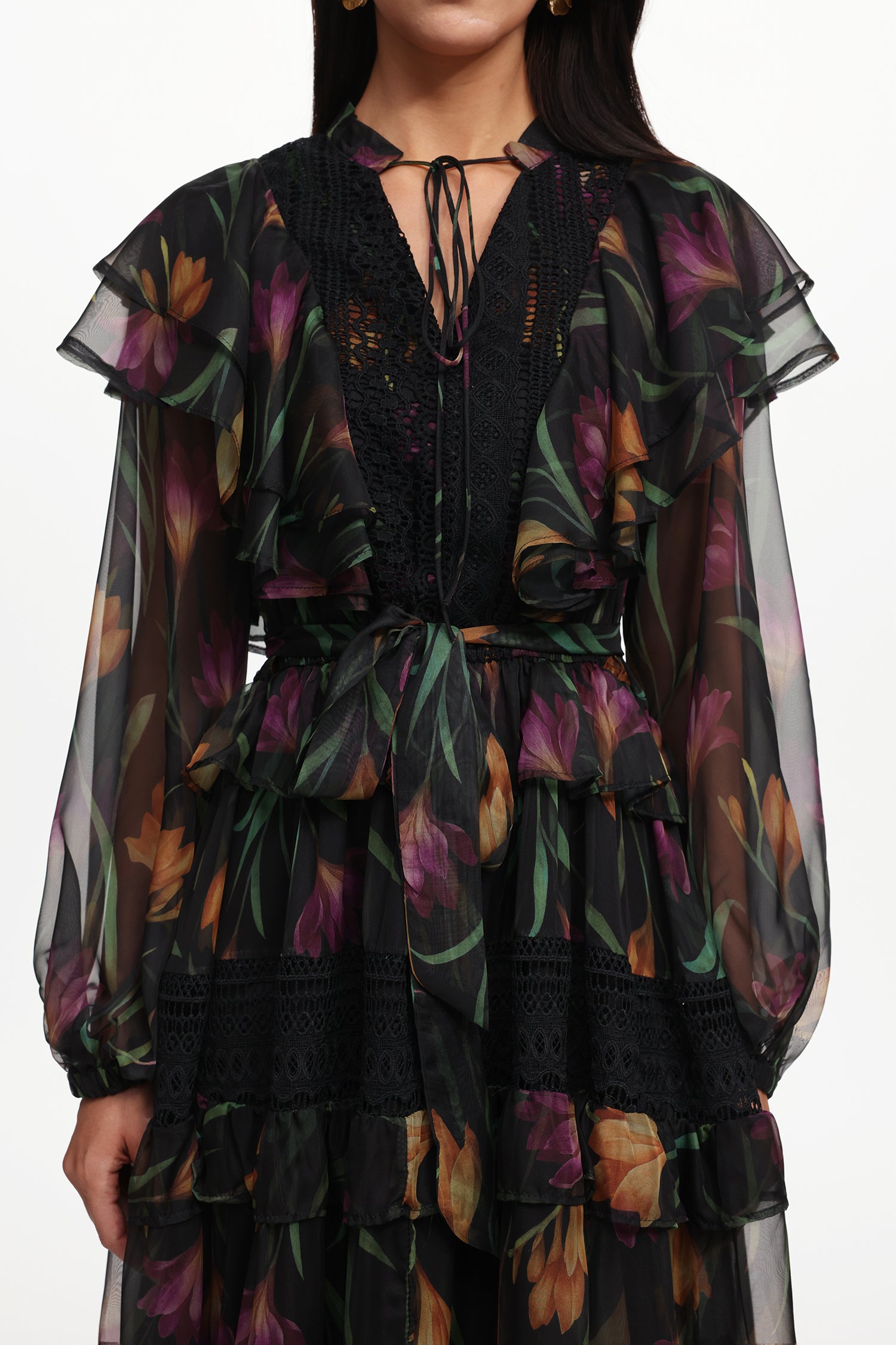 Gilian Resort Flowy Long Sleeve Floral Printed Ruffle Woven Maxi Dress