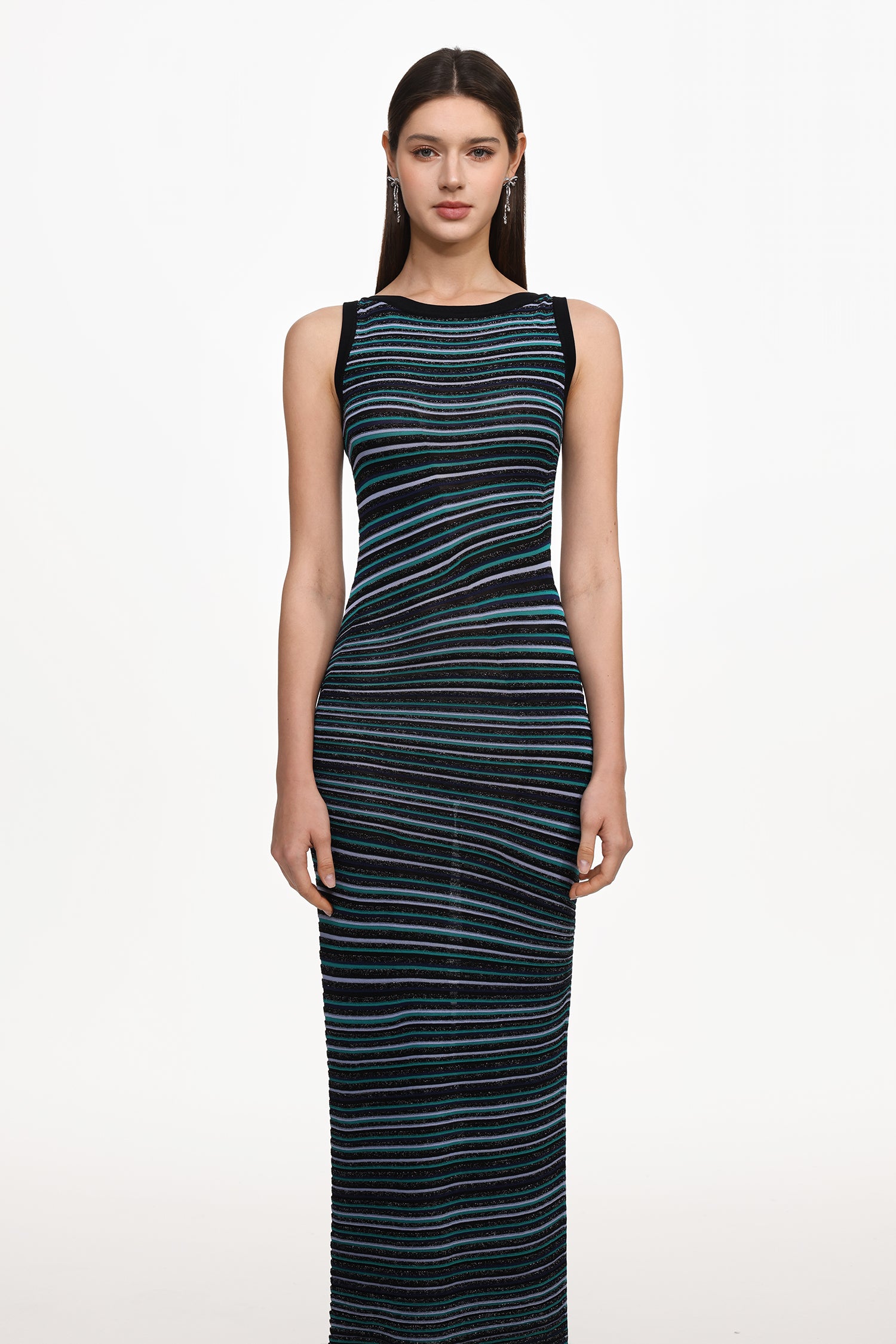 Nirina Chic Contour Round Neck Sleeveless Stripe Knit Maxi Dress