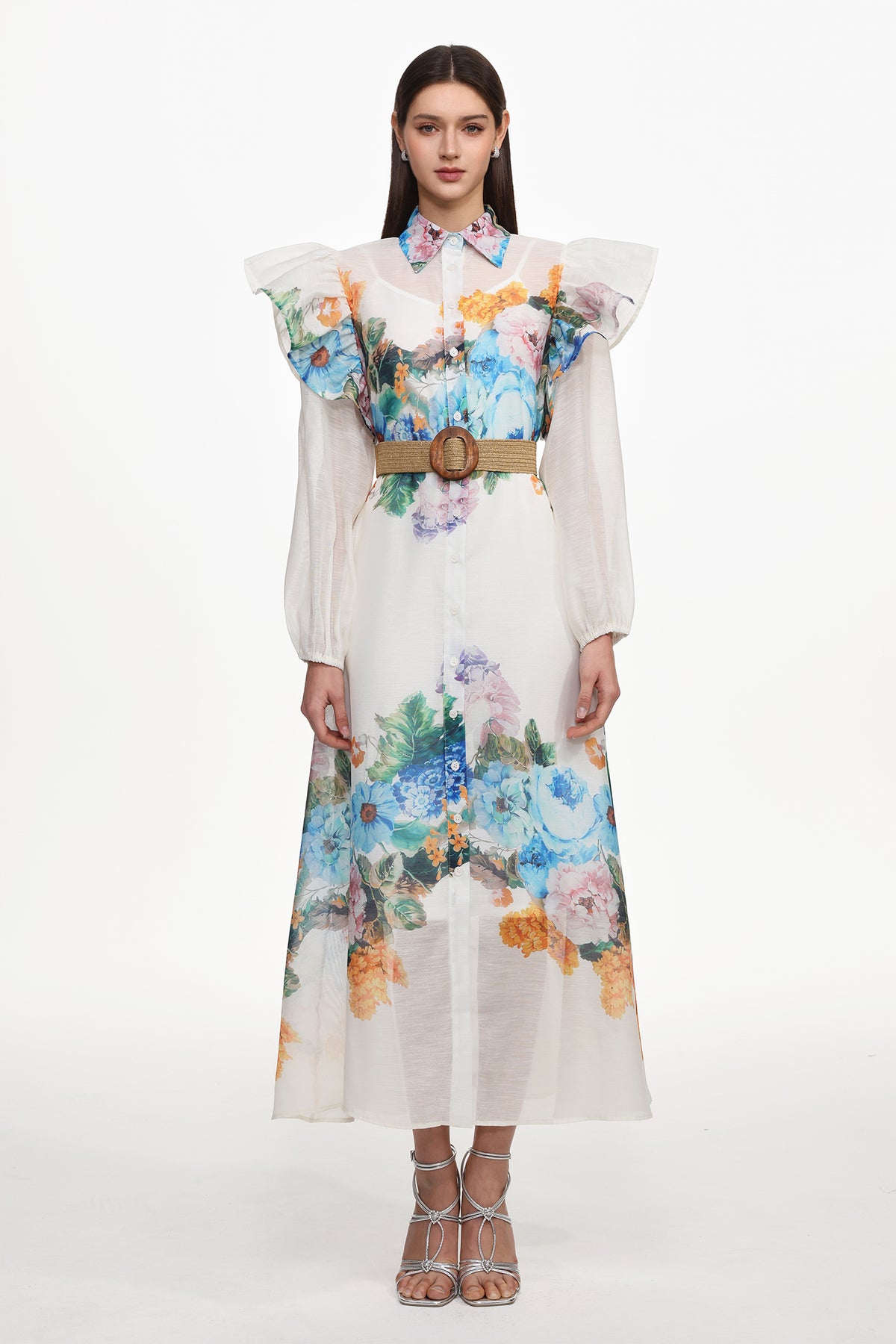 Sarada Resort Flowy Long Sleeve Ruffle Floral Print Woven Maxi Dress