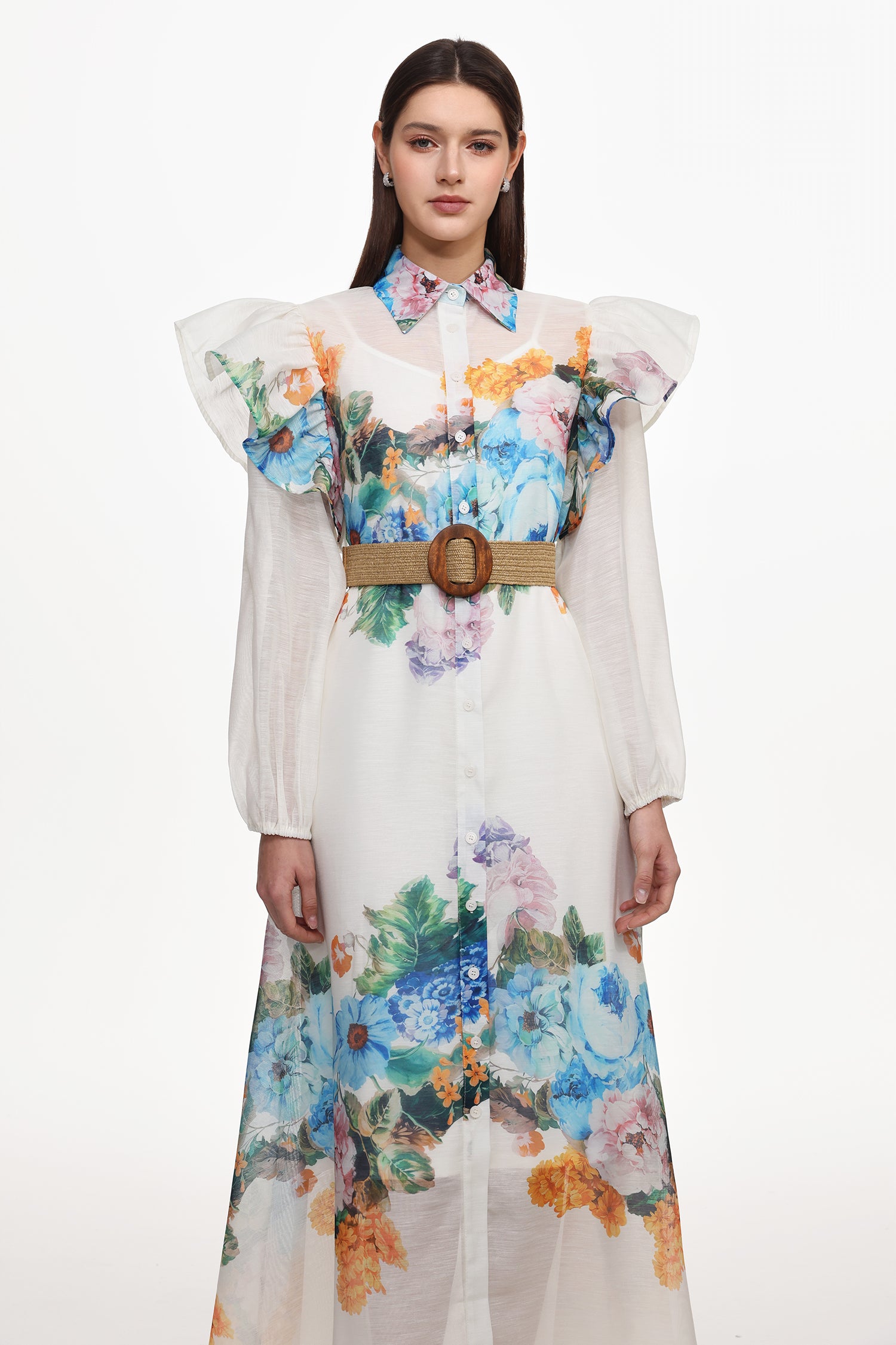 Sarada Resort Flowy Long Sleeve Ruffle Floral Print Woven Maxi Dress