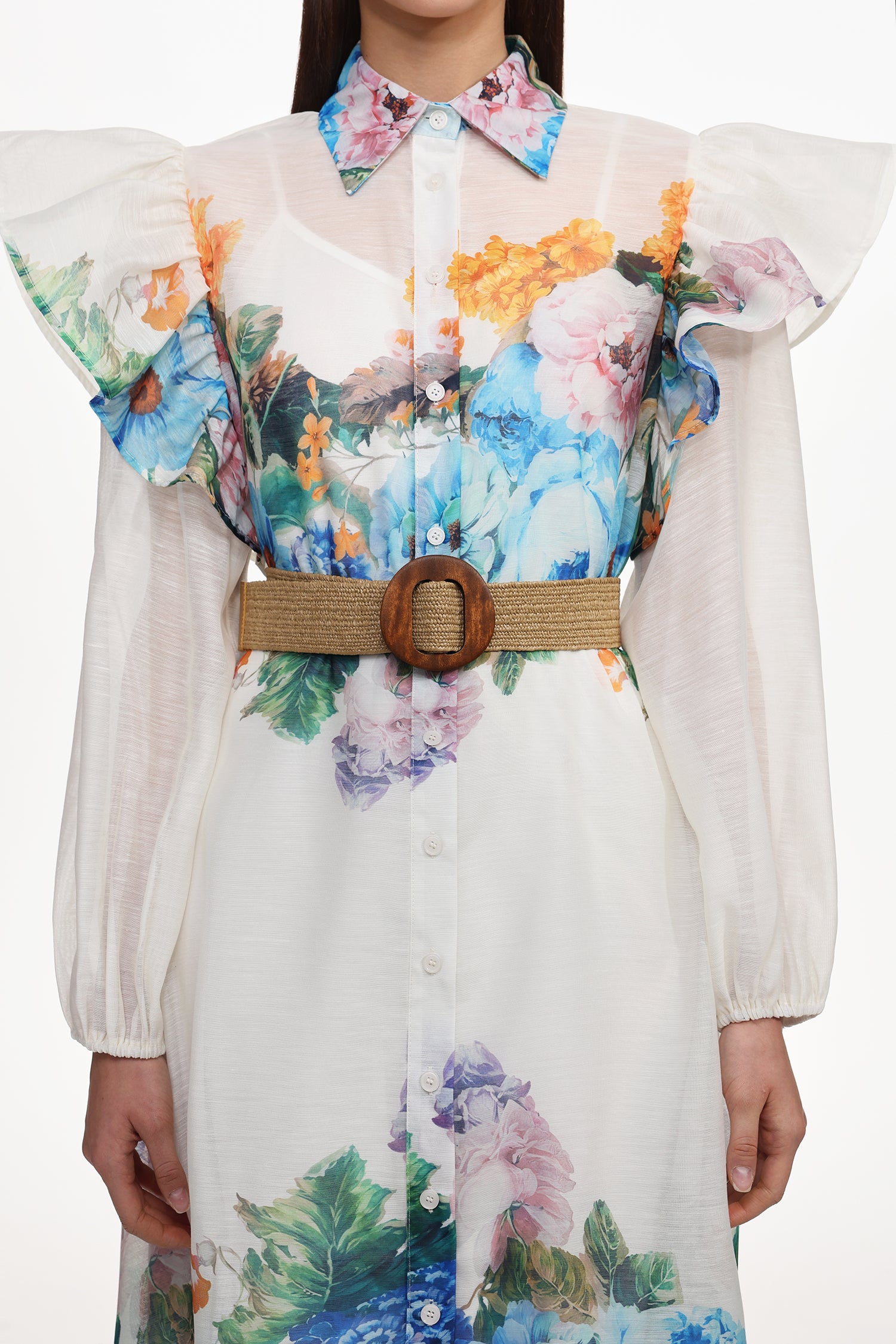 Sarada Resort Flowy Long Sleeve Ruffle Floral Print Woven Maxi Dress