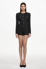 Vedasa Classic Tailored Round Neck Long Sleeve Buttoned Woven Mini Jumpsuit