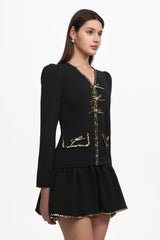 Winnie Chic Tailored V Neck Long Sleeve Gold-Trimmed Bow Ruffle Woven Mini Dress