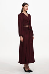 Nailah Resort Flowy V Neck Long Sleeve Ruched Woven Top And Skirt Set