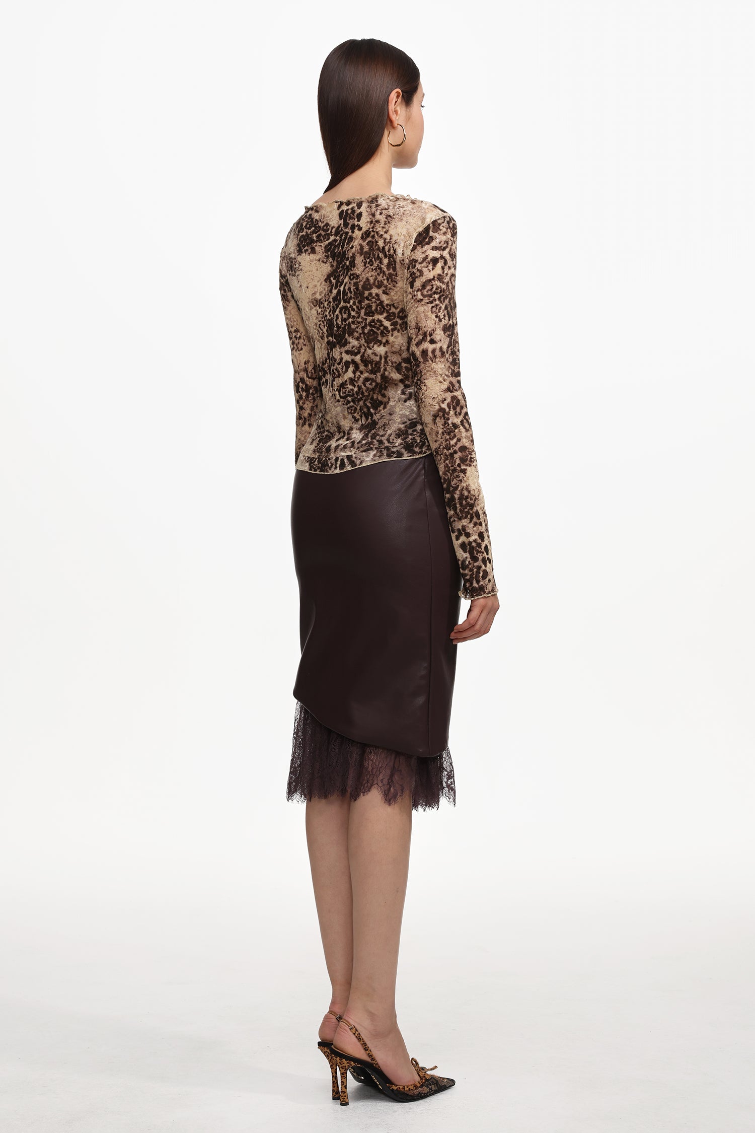 Yuhie Vintage Flocked Top And Faux Leather Skirt Set