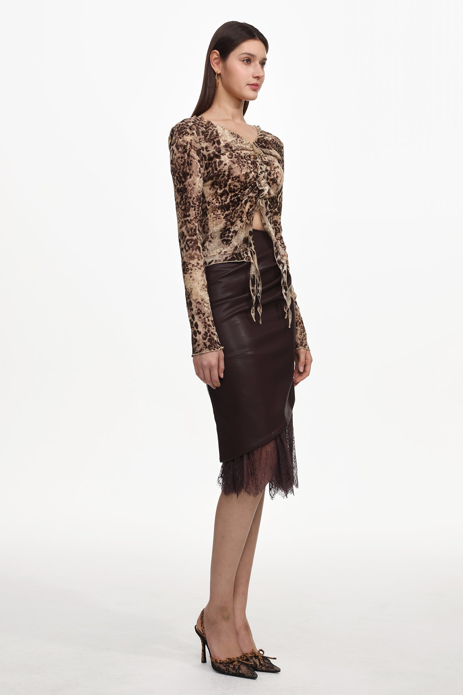 Yuhie Vintage Flocked Top And Faux Leather Skirt Set