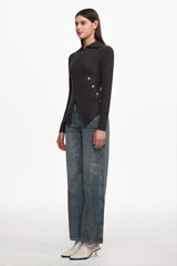 Dotty Chic Long Sleeve Buttoned Knit Top