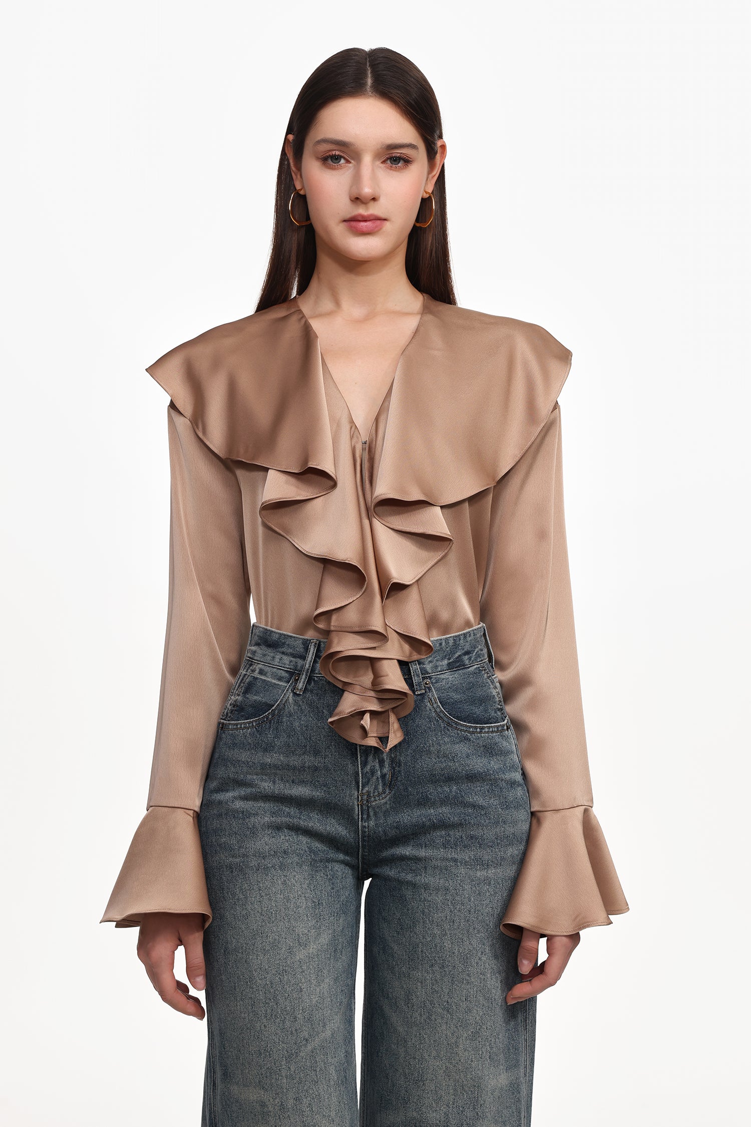 Minola Chic Flowy V Neck Long Sleeve Ruffle Satin Jumpsuit