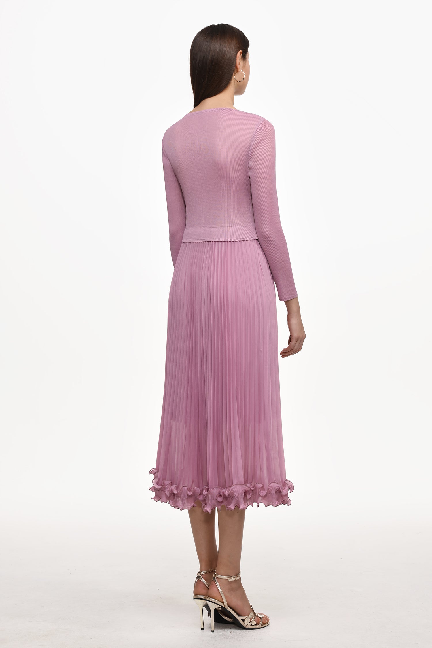 Lalie Resort Flowy Long Sleeve Ruffle Pleated Knit Maxi Dress