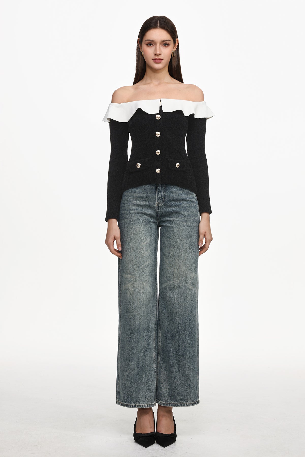 Mignon Vintage Contour Off Shoulder Long Sleeve Buttoned Ruffle Woven Top