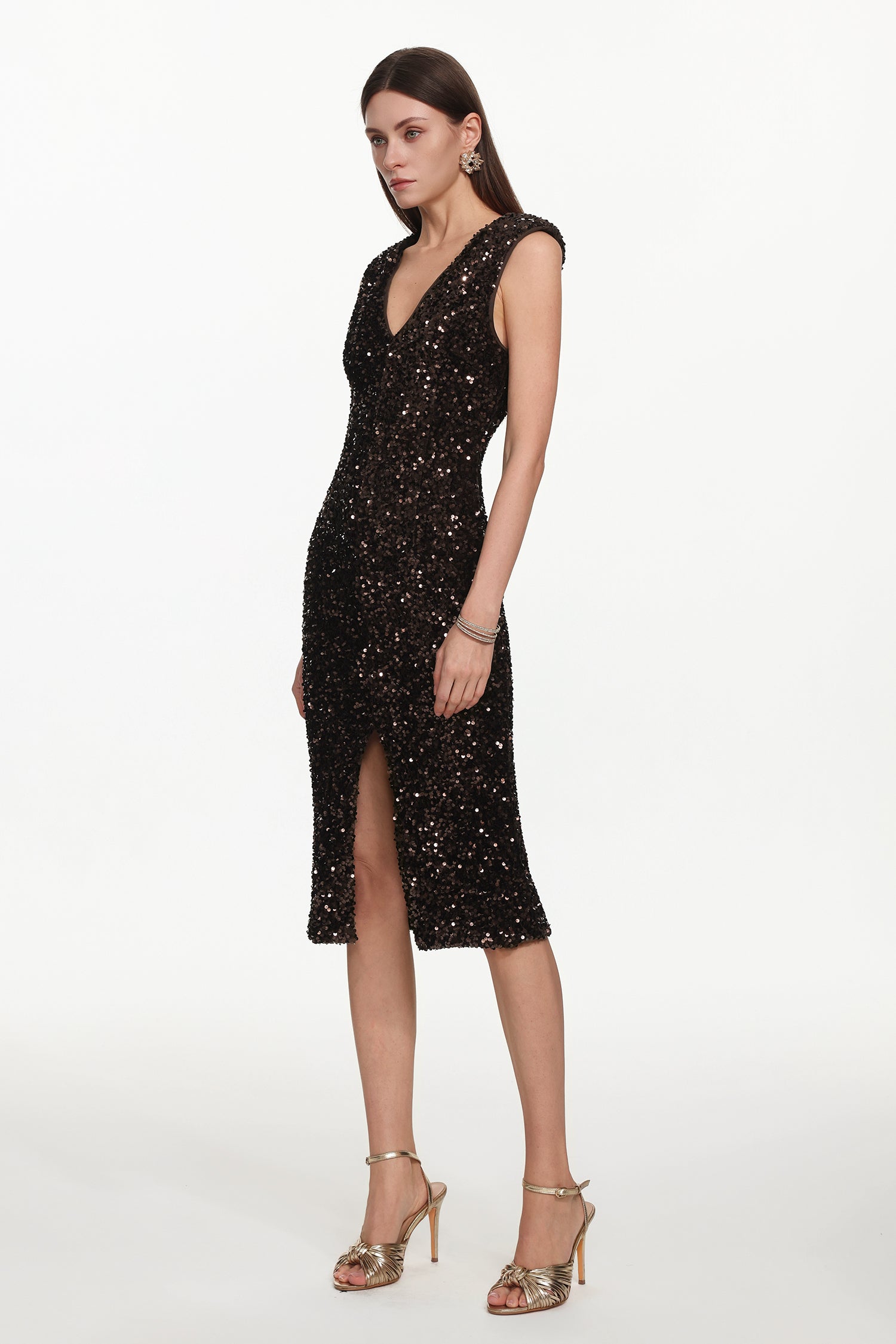 Viney Glamorous Contour V Neck Sleeveless Sequin Midi Dress