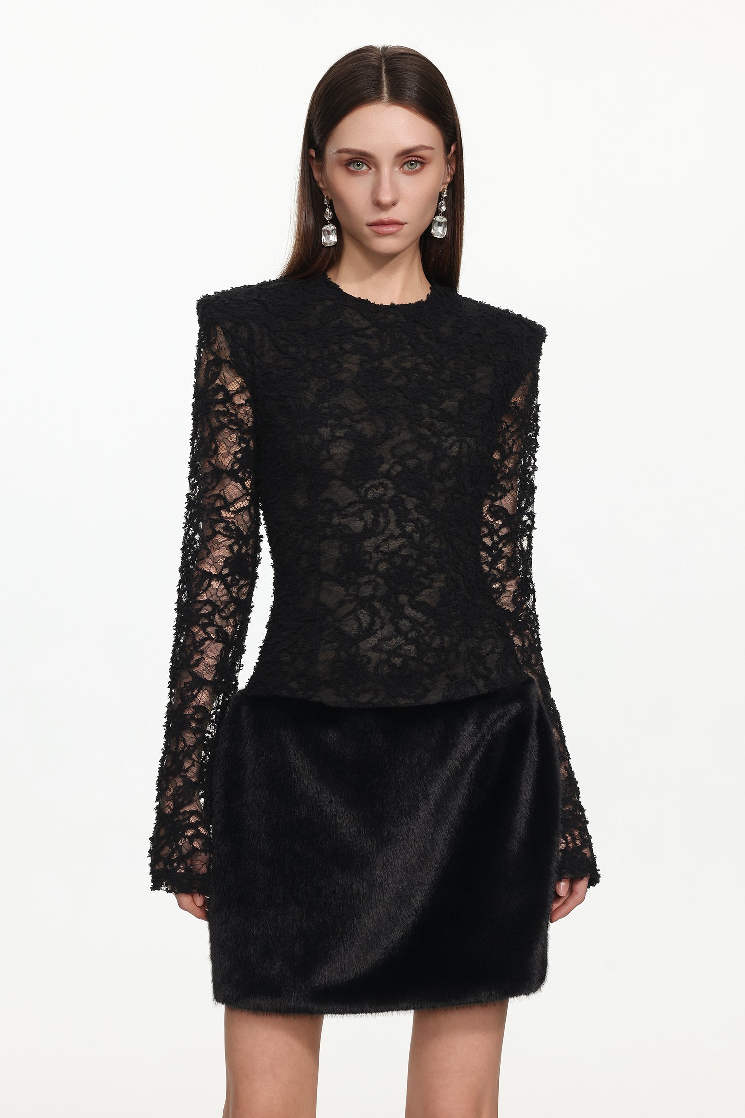 Wanda Chic Contour Long Sleeve Lace Faux Fur Mini Dress