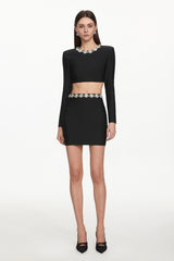 Lerae Chic Contour Long Sleeve Rhinestone Bandage Top and Skirt Set