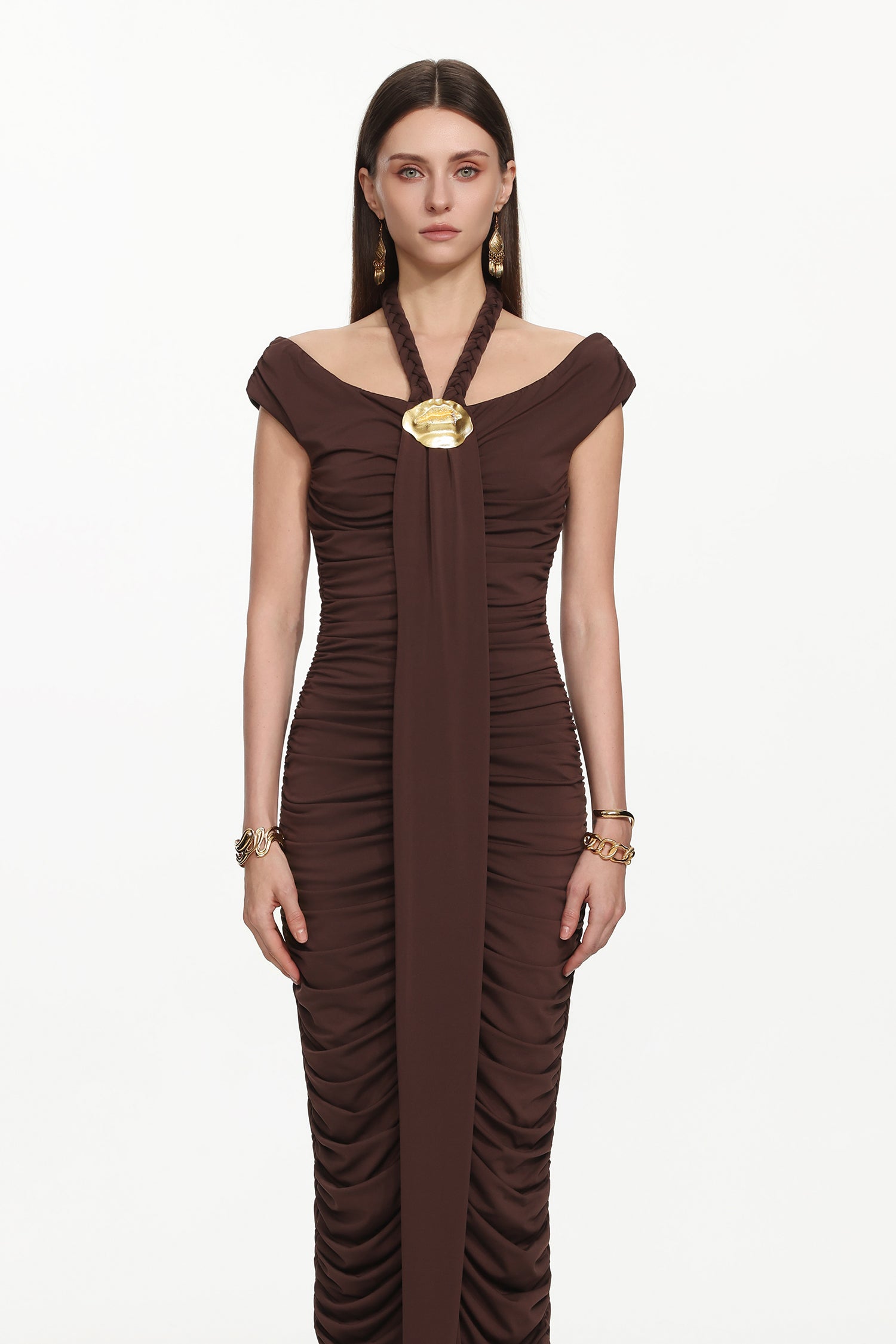 Devere Elegant Contour Sleeveless Ruched Knit Brown Maxi Dress