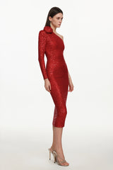 Helene Romantic Contour One Shoulder Long Sleeve Floral Sequin Maxi Dress