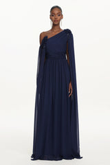 Yannei Elegant Flowy One Shoulder Ruched Floral Maxi Dress