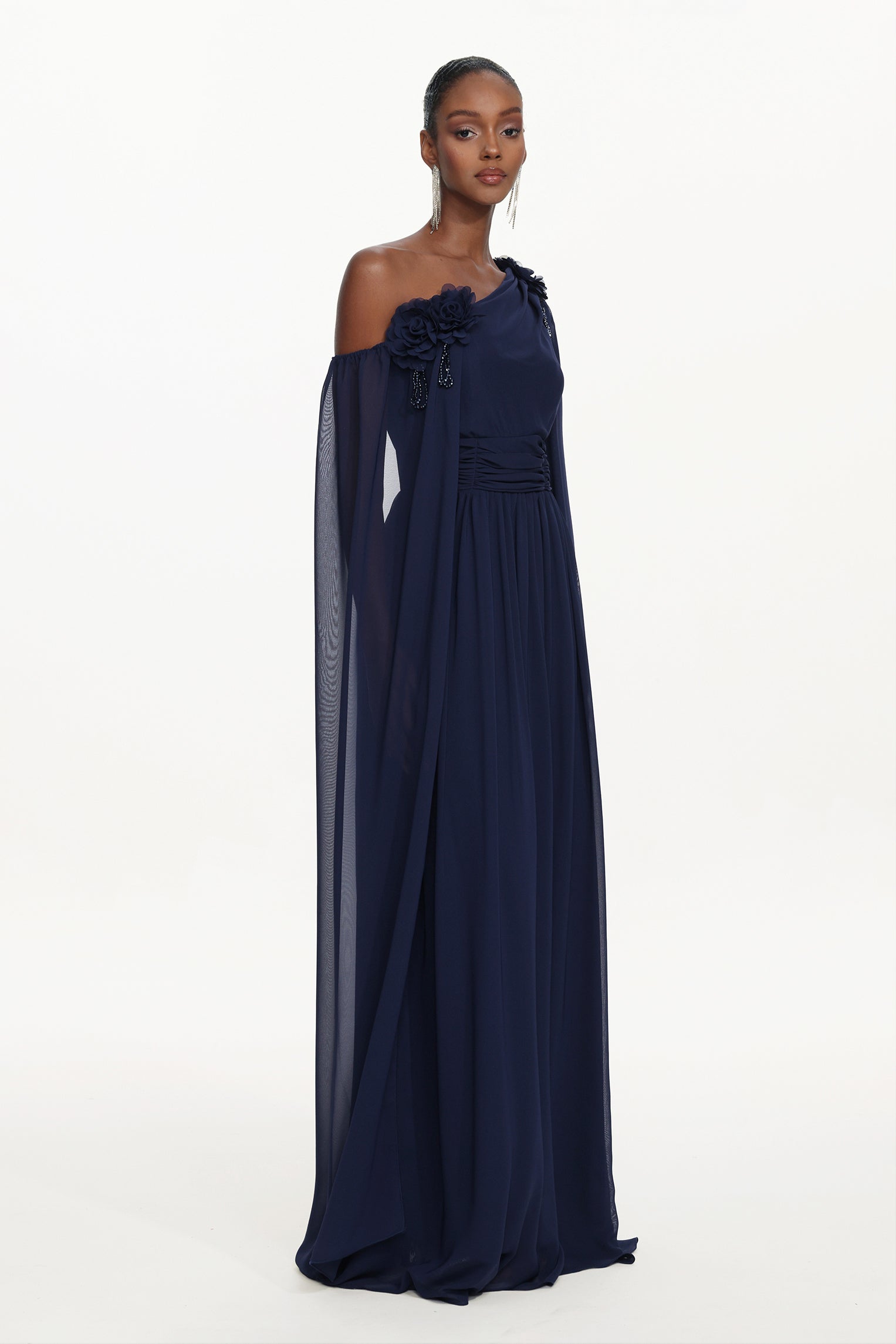 Yannei Elegant Flowy One Shoulder Ruched Floral Maxi Dress