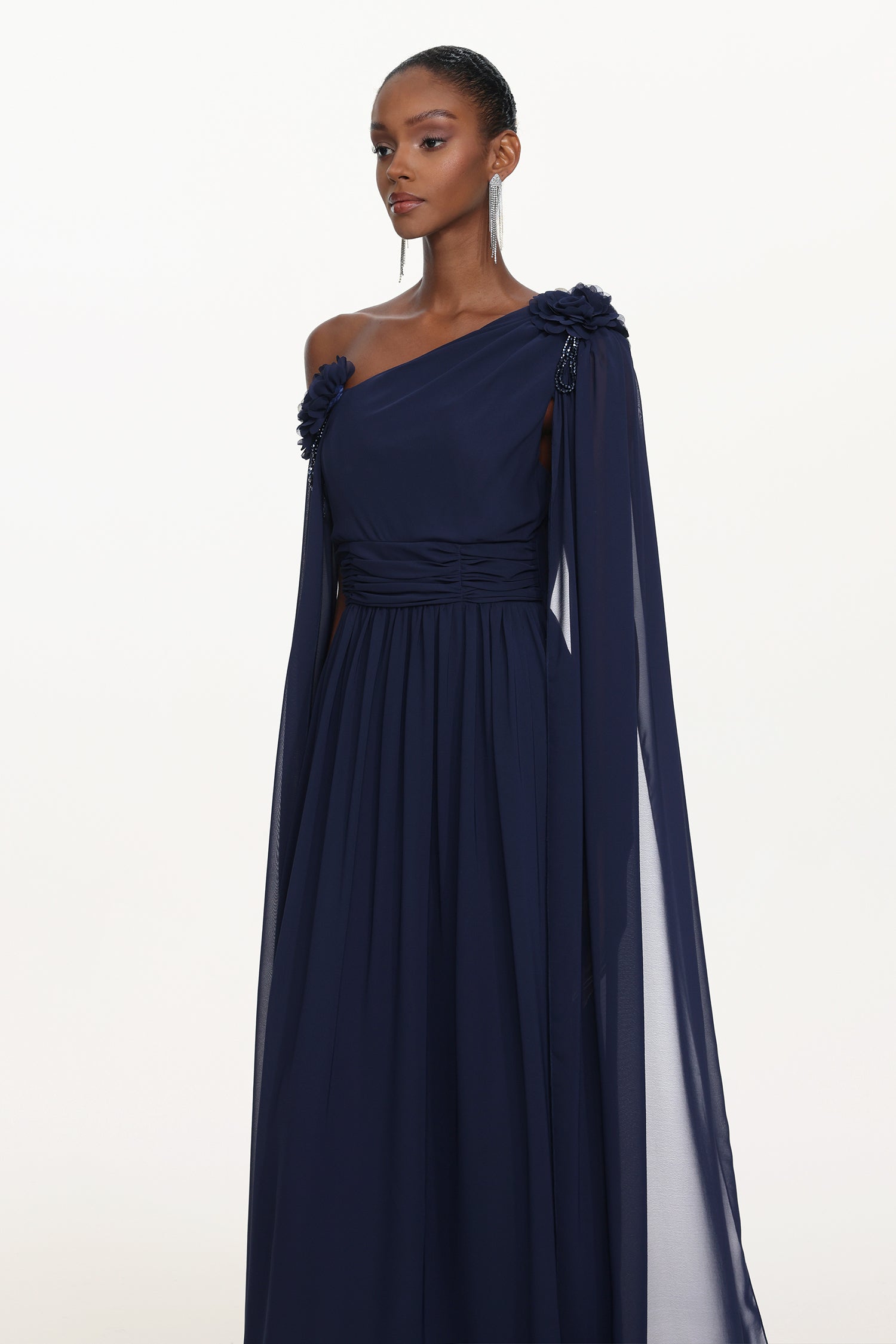 Yannei Elegant Flowy One Shoulder Ruched Floral Maxi Dress