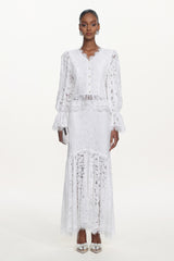 Tris Elegant Flowy Long Sleeve Pearl Buttoned Lace Top and Skirt Set