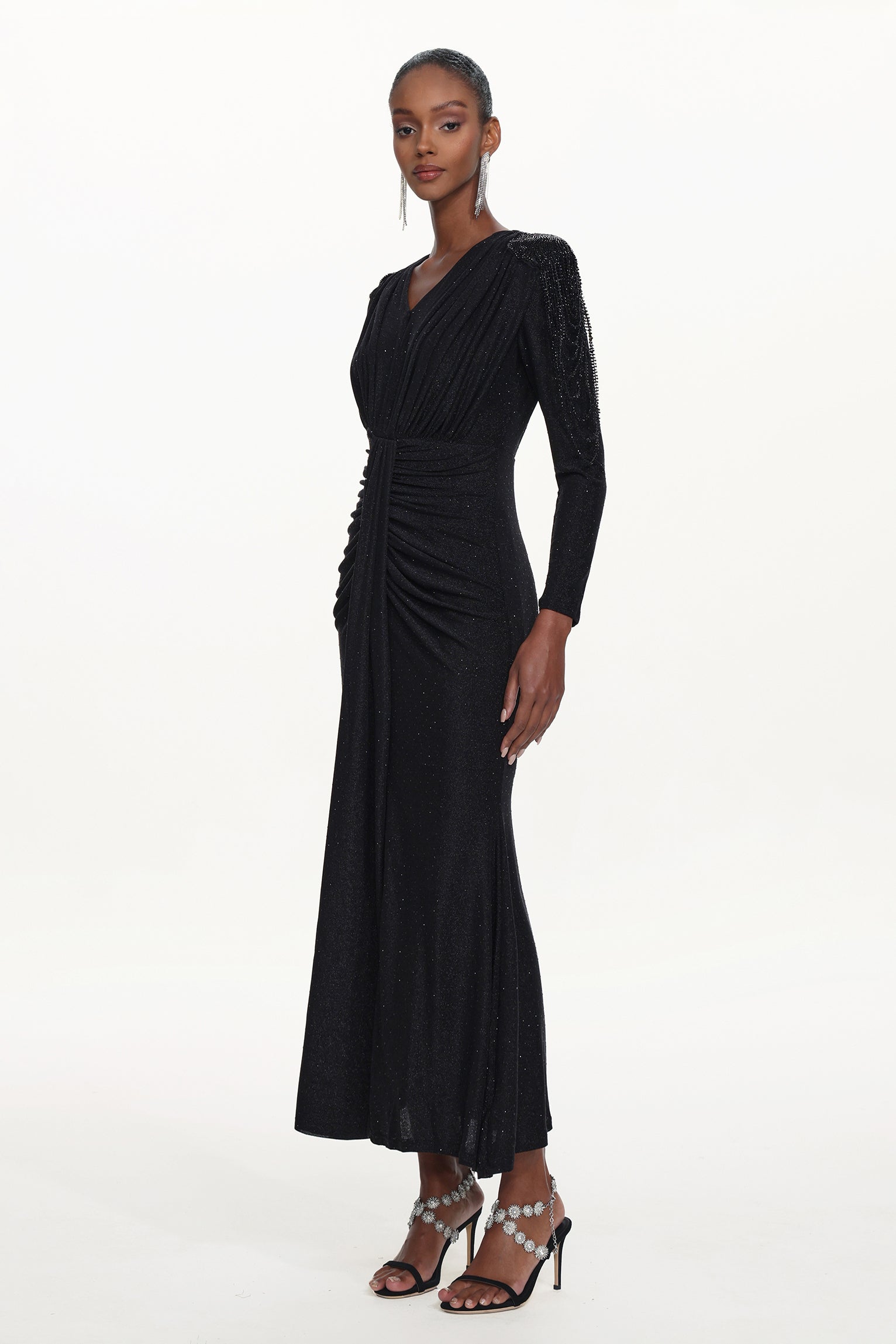 Suri Elegant Contour V Neck Long Sleeve Beaded Fringe Ruched Knit Maxi Dress