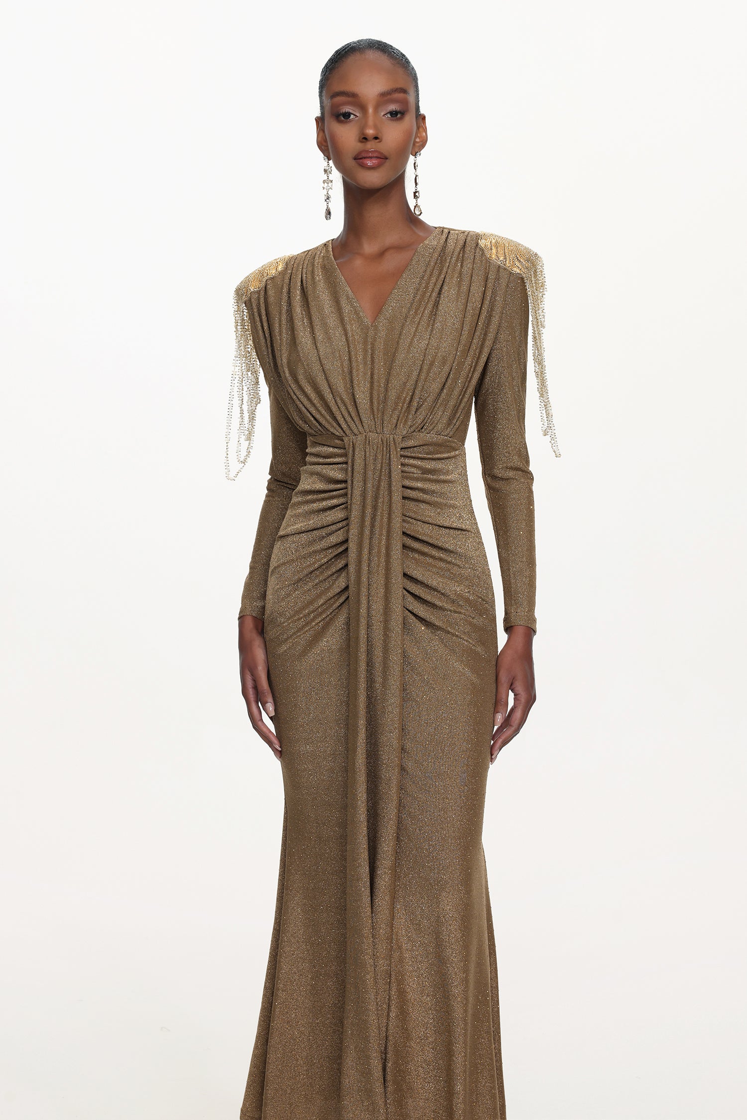 Suri Elegant Contour V Neck Long Sleeve Beaded Fringe Ruched Knit Maxi Dress