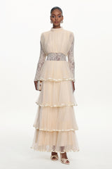 Yannei Romantic Flowy Long Sleeve Lace Tiered Tulle Maxi Dress