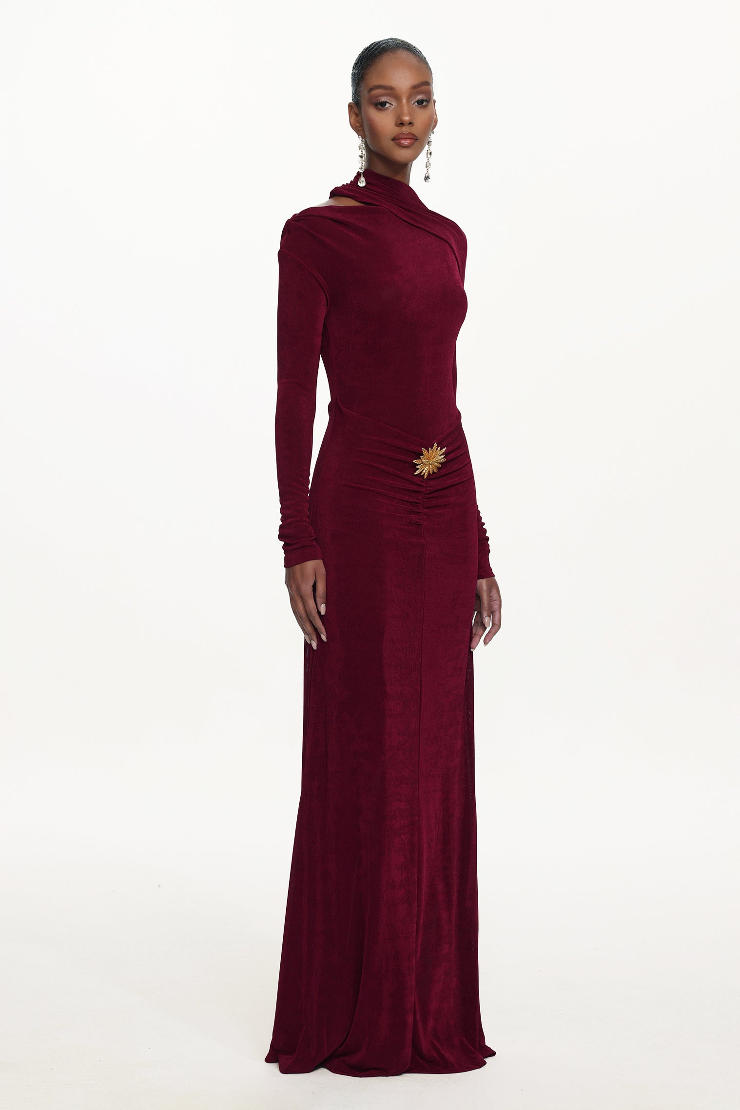 Faithe Romantic Contour Long Sleeve Ruched Knit Maxi Dress