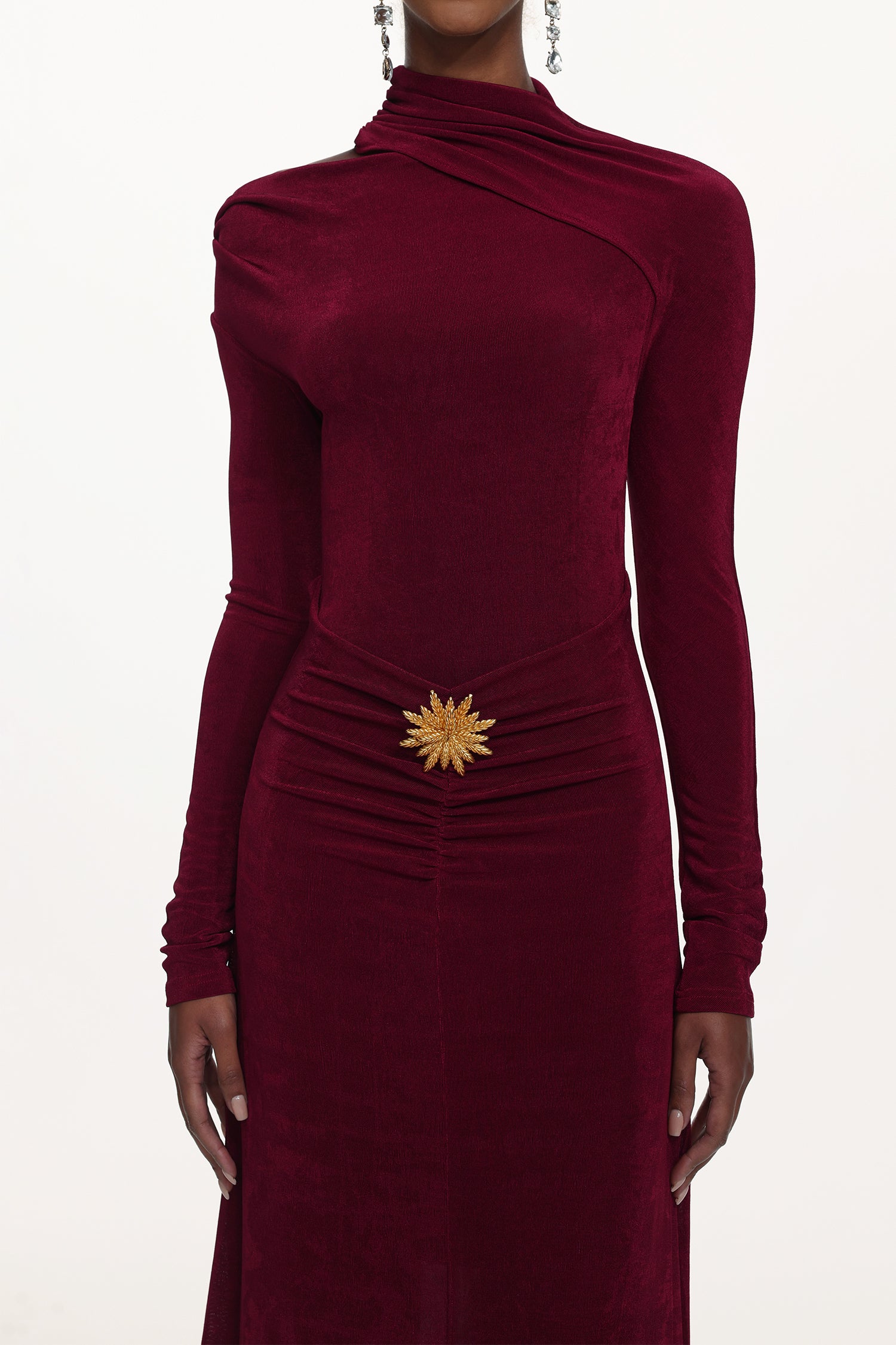 Faithe Romantic Contour Long Sleeve Ruched Knit Maxi Dress