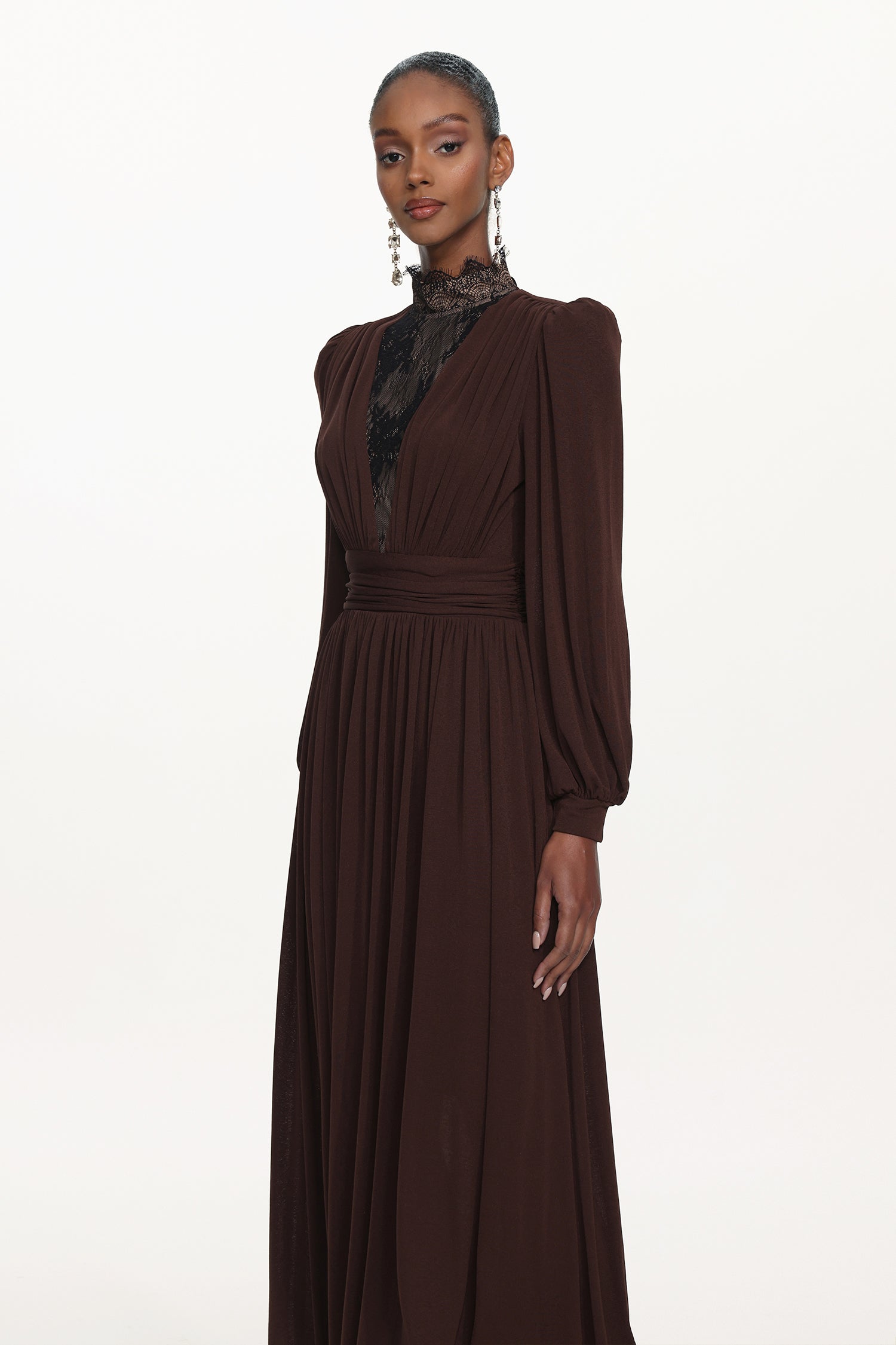 Rebecca Chic Contour Long Sleeve Ruched Lace Knit Maxi Dress