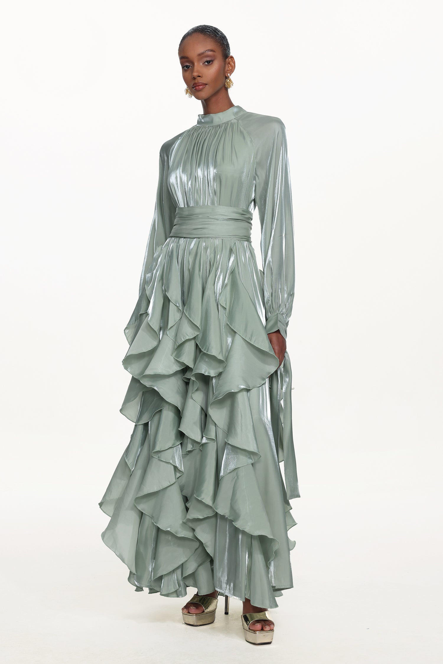 Grasa Elegant Flowy Long Sleeve Pleated Ruffle Maxi Dress