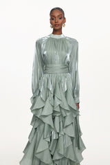 Grasa Elegant Flowy Long Sleeve Pleated Ruffle Maxi Dress