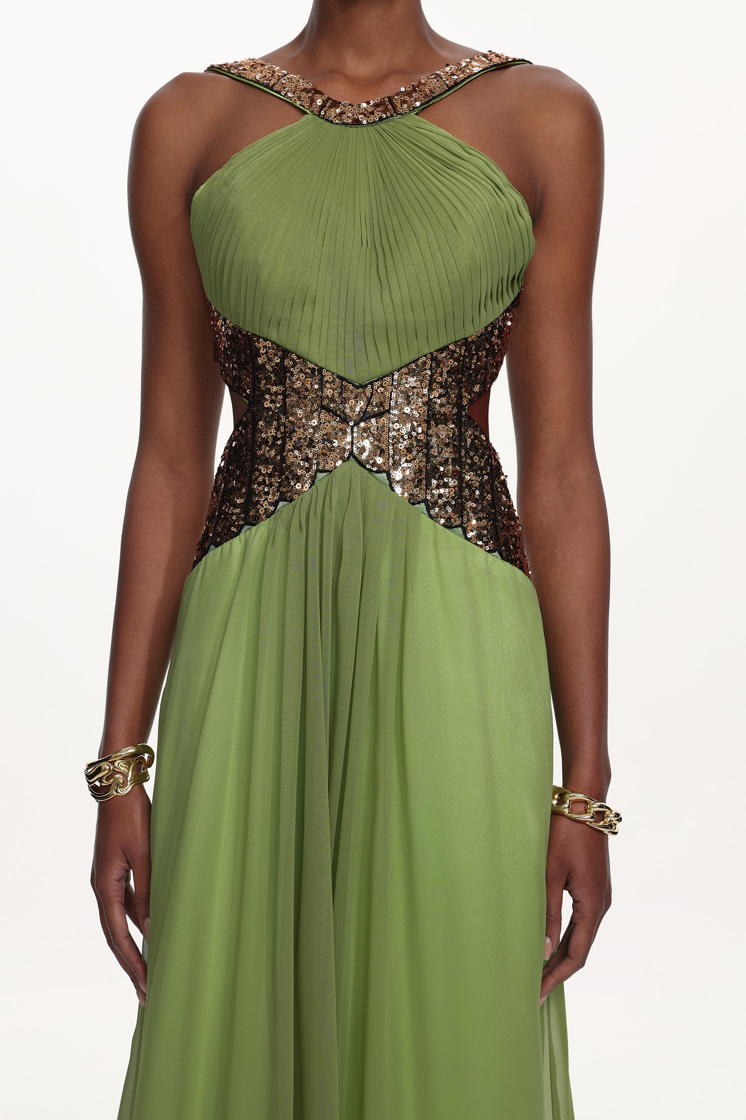 Melisa Chic Flowy Halter Pleated Cut Out Sequin Maxi Dress