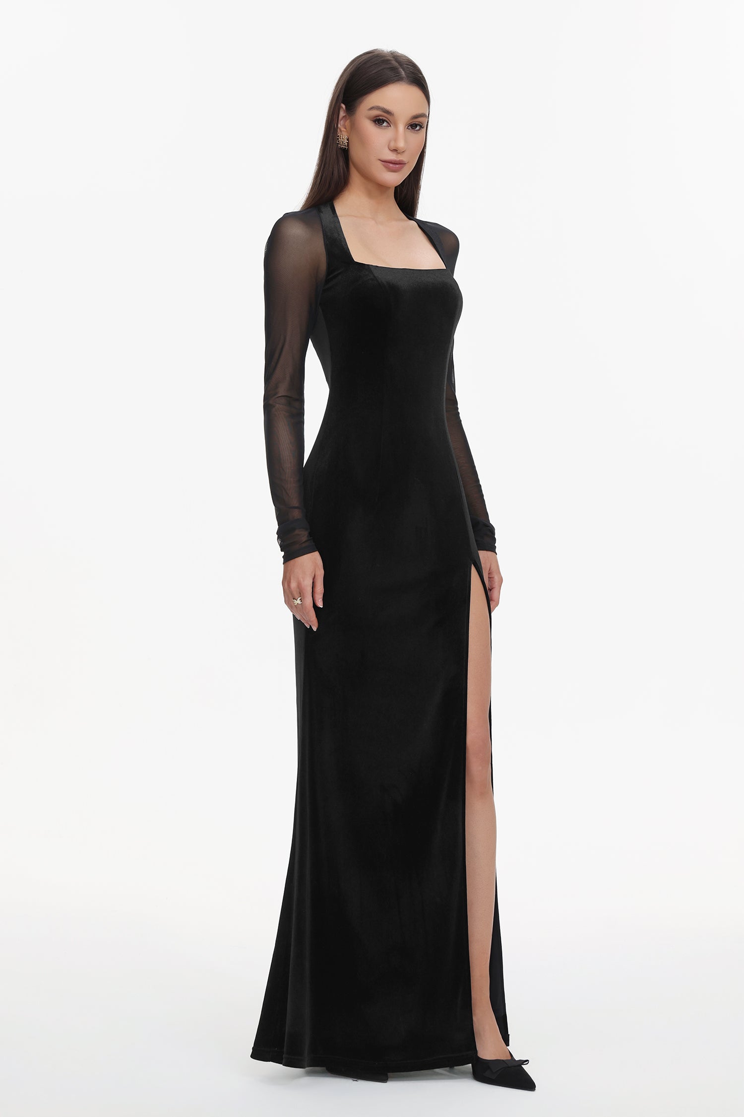 Rae Elegant Contour Long Sleeve High Slit Velvet Maxi Dress