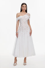 Yvonne Elegant Tailored Off Shoulder Lace Tulle Maxi Dress