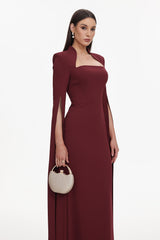 Werko Elegant Tailored Square Neck Cape Sleeve Woven Maxi Dress
